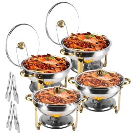 4Pcs Chafing Dish Buffet Set 4.76QT Round Buffet Servers Food Warmer Stainless Steel Catering Chafer With Glass Lid For Warming Cooling Gatherings Ban