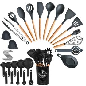 4 Colors Options -- Set Of 35Pcs Kitchen Cooking Utensils Set Spatula Set Baking Utensil Set Kitchen Accessories Necessities With Holder Egg Whisk Sep (Color: Black)