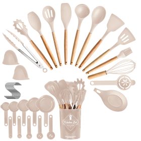 4 Colors Options -- Set Of 35Pcs Kitchen Cooking Utensils Set Spatula Set Baking Utensil Set Kitchen Accessories Necessities With Holder Egg Whisk Sep (Color: Khaki)
